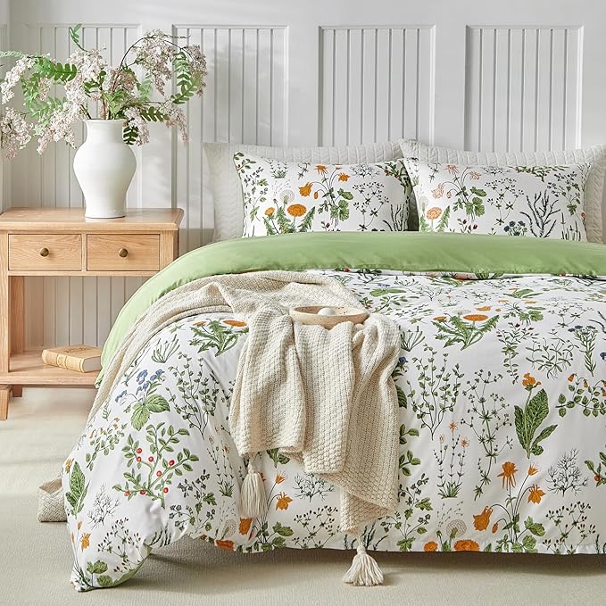Lekesky Queen Size Duvet Cover Set, Lightweight Soft Microfiber Comforter Cover, Reversible Duvet Cover Queen with Floral Pattern, 3 Pieces Green Bedding Set with Zipper and 2 Pillowcases