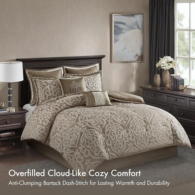 Madison Park Odette Cozy Comforter Set Jacquard Damask Medallion Design - Modern All Season, Down Alternative Bedding, Shams, Decorative Pillows, Queen(90 in x 90 in), Tan 8 Piece
