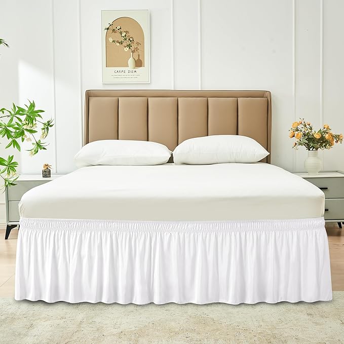 Biscaynebay Wrap Around Bed Skirts for Full & Full XL Beds Extra Long Drop of 25", White Adjustable Elastic Dust Ruffles Easy Fit Wrinkle Resistant Silky Luxurious Fabric Machine Washable