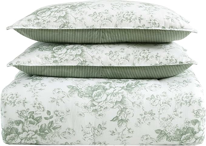 Laura Ashley - Twin Comforter Set, Premium Cotton Bedding with Matching Shams & Bonus Decorative Pillow Covers, Floral Home Decor, Oeko-Tex Certified (Toile Delight Green, Twin)