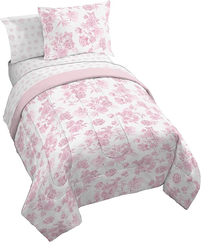 Jay Franco Comforter Set Includes Sheets and Pillow Covers - Soft and Cozy Bed Set for Stylish Room Decor, Official Licensed Product, Multi - Hello Kitty, 5 Piece Twin