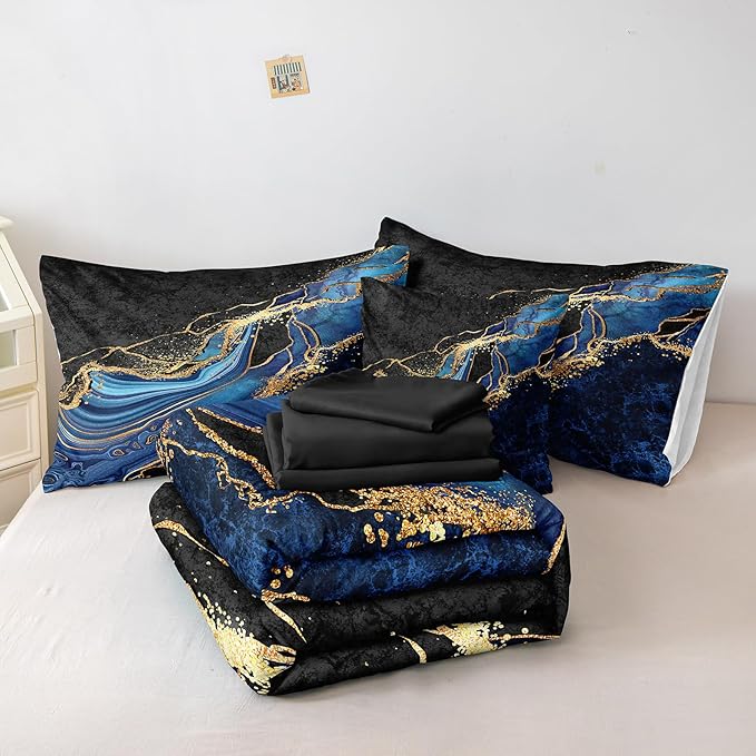 Blue and Gold Comforter Blue Marble Bedding Set 8 Pieces Full Bed in a Bag with 1 Black Gold Comforter, 1Flat Sheet, 1 Fitted Sheet, 4 Pillowcases, 1 Marble Cushion Cover