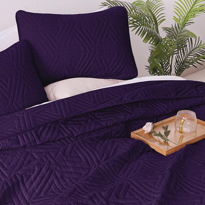 Whale Flotilla Soft California King Size Quilt Set for All Seasons, 3-Piece Ultrasonic Bedding Set, Lightweight Reversible Bedspread, Coverlet, Bed Cover with 2 Pillow Shams, Purple