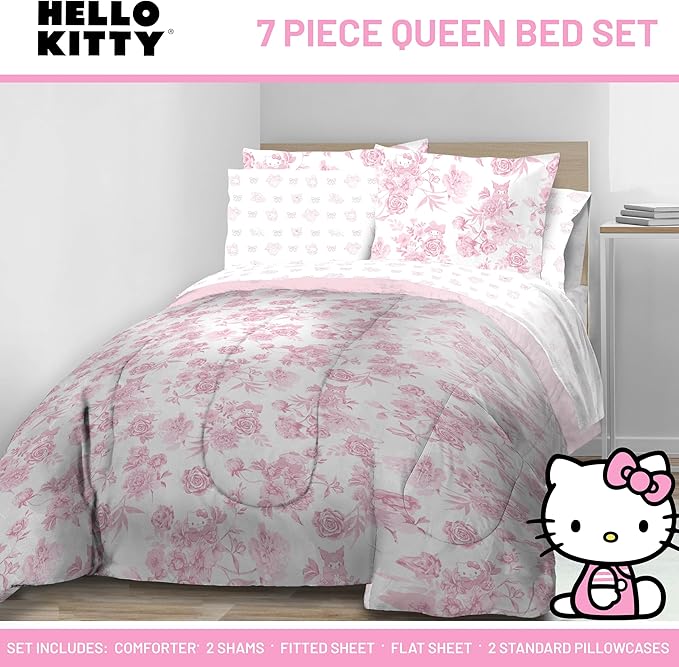 Jay Franco Comforter Set Includes Sheets and Pillow Covers - Soft and Cozy Bed Set for Stylish Room Decor, Official Licensed Bedding, Multi - Hello Kitty, 7 Piece Queen