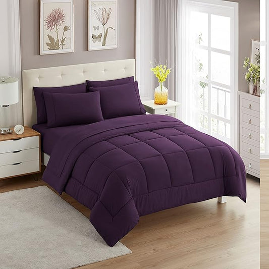 King Size Comforter Set with Sheets - 7-Piece Bedding Collection - 1 Comforter, 1 Fitted Sheet, 1 Flat, 4 Pillowcases - Deep Pocket - Soft & Breathable Premium Quality - Ideal for All Seasons, Purple