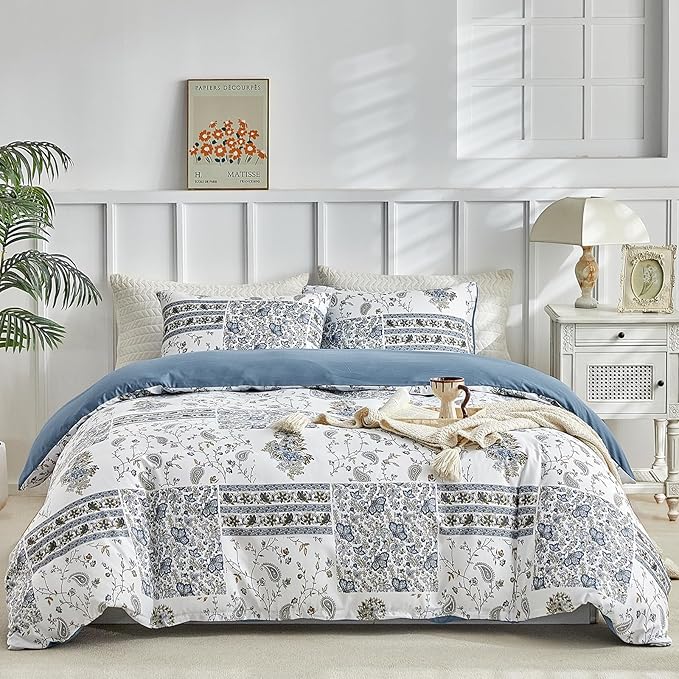 Lekesky King Size Duvet Cover Set, Patchwork Floral 3 Pieces Reversible Blue Paisley Duvet Cover Set, Ultra-Soft Microfiber 3 Pieces Comforter Cover with Zipper, Includes 2 Pillowcases