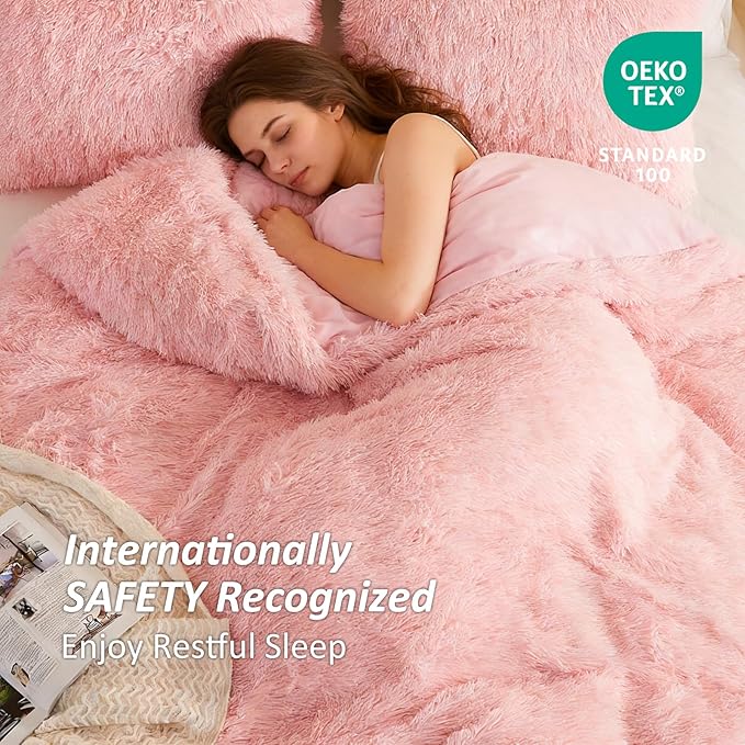 EMME Luxury Fuzzy Duvet Cover Set King Size Fluffy Comforter Cover Set for King Bed Shaggy and Plush Soft Bedding Duvet Covers (Pink, King)