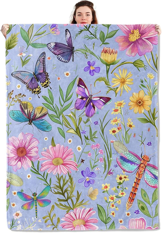 Floral Insect Blanket Lightweight Blankets Gifts for Women Flannel Throw with Colorful Flower Butterfly and Dragonfly Printed for Sofa, Bed, Travel, Picnic, Spring Decor Throws 60x50 Inch