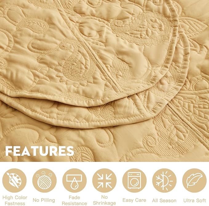 HZ & HY Oversized King Bedspread 128x120 Extra Wide, Quilted Coverlet Bedding Set, Lightweight Thin Comforter, Reversible, Luxurious, 5 Piece, 100% Microfiber, Honey Gold