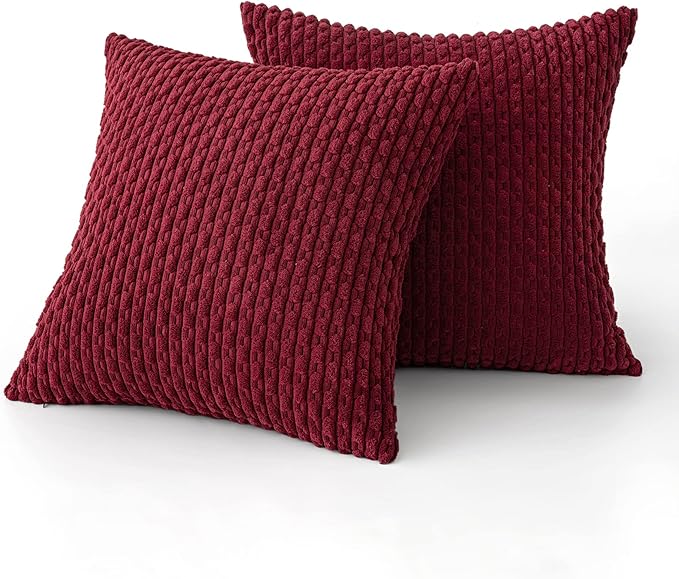 MIULEE Wine Red Throw Pillow Covers Soft Corduroy Decorative Set of 2 Boho Striped Pillow Covers Pillowcases Farmhouse Home Decor for Couch Bed Sofa Living Room 18x18 Inch
