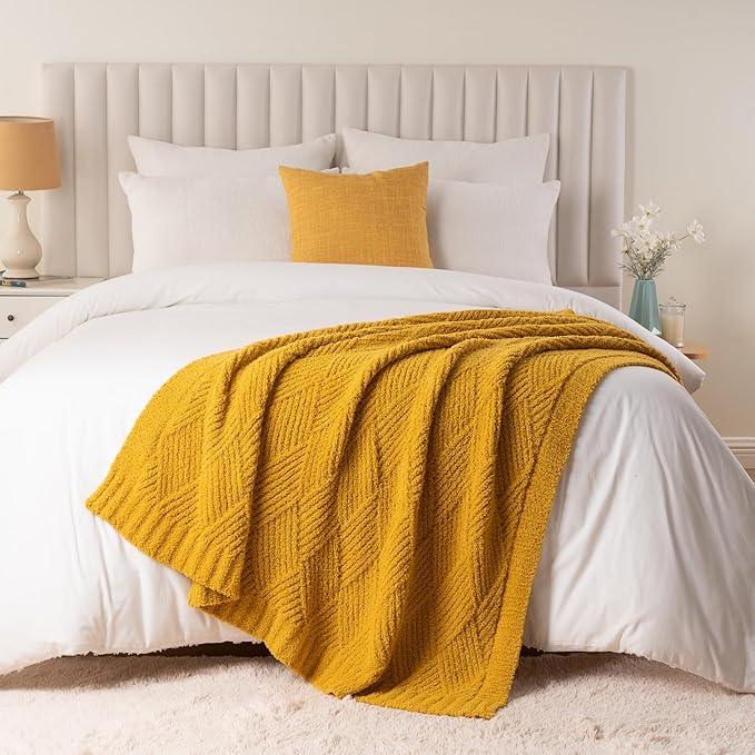 Battilo Yellow Diamond Knit Throw Blanket for Couch and Bed, Soft Textured Chenille Blanket, Cozy Lightweight Decorative Blanket for Sofa, 50"x60"