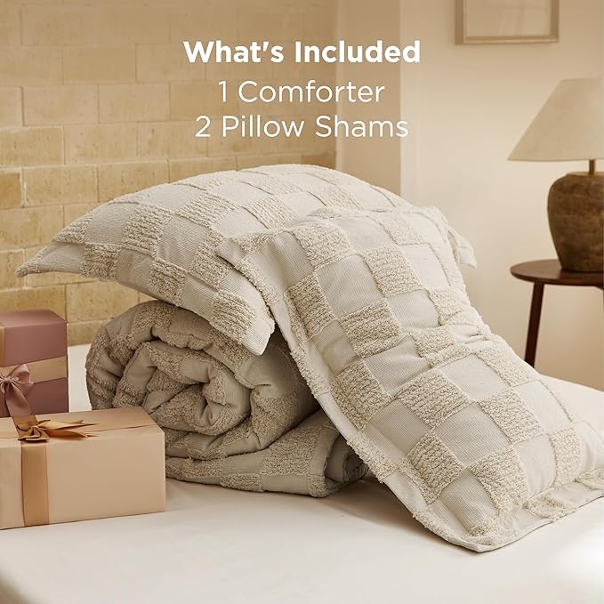 Bedsure King Size Comforter Set Beige, Boho Tufted Bed Set, Checkered Farmhouse Shabby Chic Bedding, 3 Pieces, 1 Plaid Geometric Comforter and 2 Pillow Shams