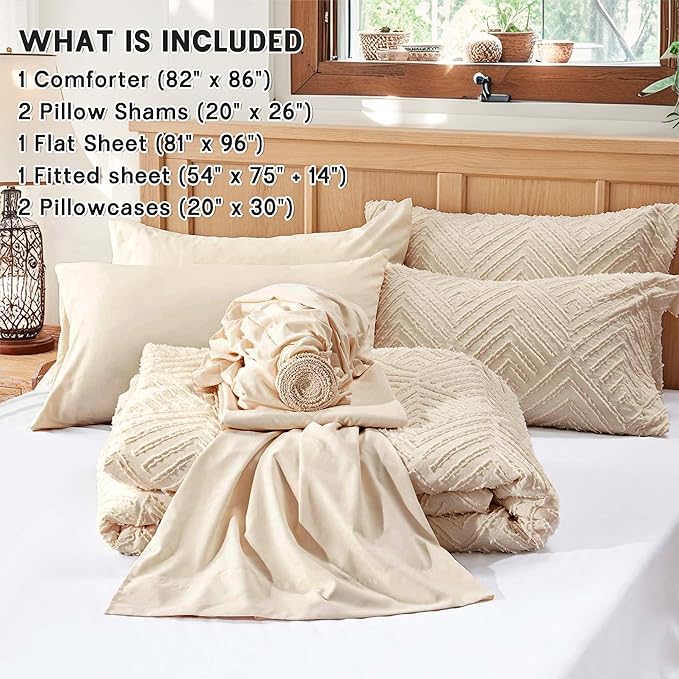 Zzlpp Full Comforter Set 7 Pieces, Beige Tufted Bed in a Bag with Comforter and Sheets, All Season Boho Bedding Sets with 1 Comforter, 2 Pillow Shams, 2 Pillowcases, 1 Flat Sheet, 1 Fitted Sheet
