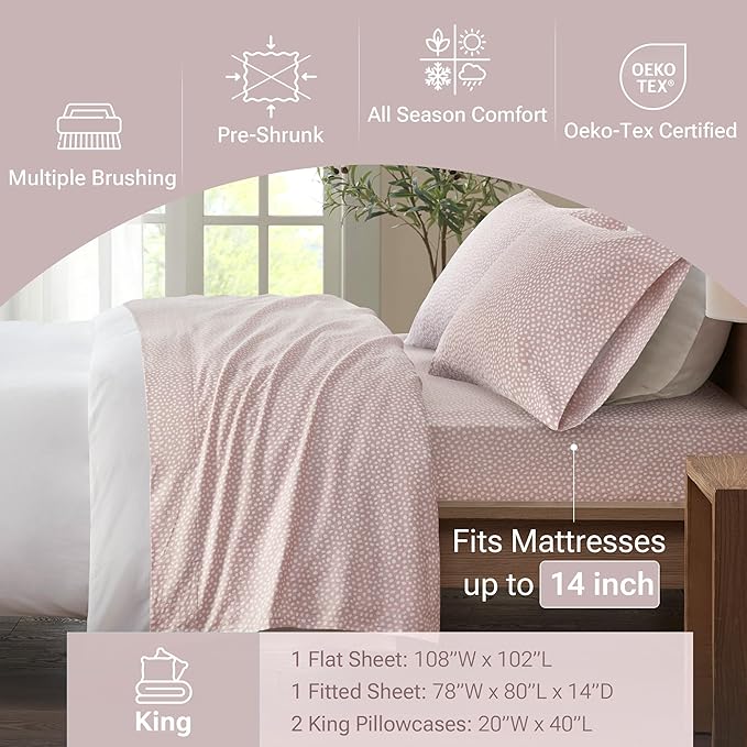 True North by Sleep Philosophy Cozy Flannel Warm 100% Cotton Sheet - Novelty Print Animals Stars Cute Ultra Soft Cold Weather Bedding Set, King, Blush Dots 4 Piece