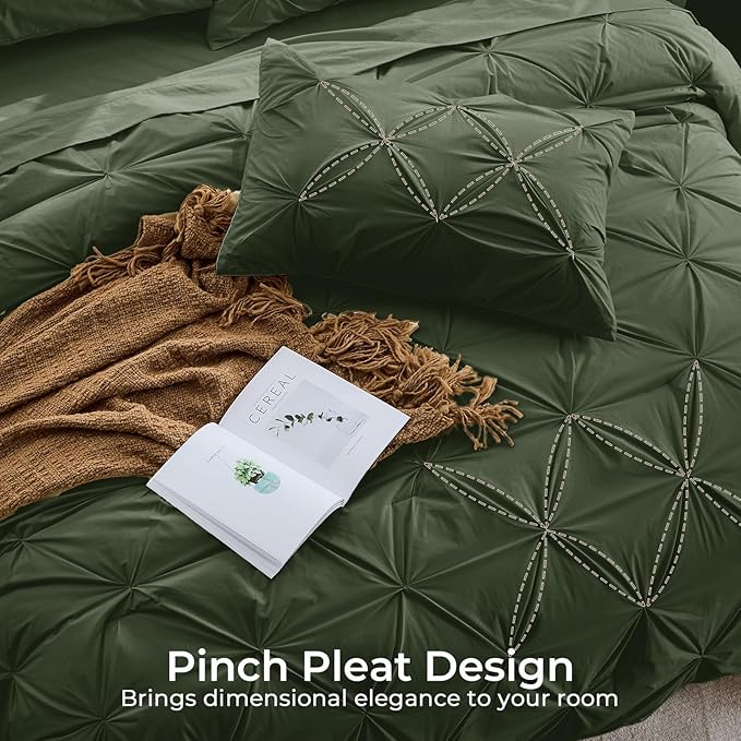 Sasttie Queen Comforter Set, 7-Piece Bed in a Bag, Pintuck Bedding Sets for All Season, Includes Comforter, Flat Sheet, Fitted Sheet, Pillowcases and Pillowshams, Dark Green