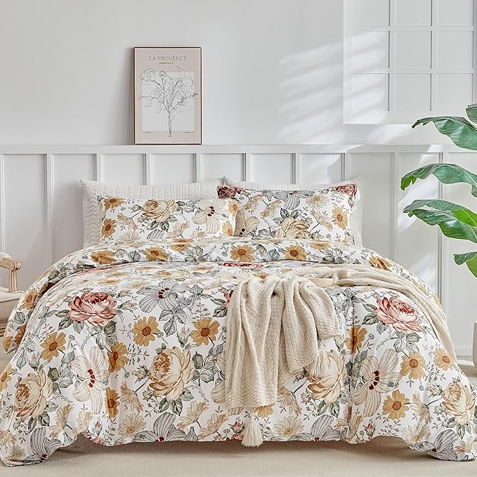 Lekesky Queen Duvet Cover Set, Reversible Vintage Flowers Print Comforter Cover Queen Size 3pc, Soft 100% Washed Microfiber Breathable Bedding Sets with Zipper Ties and 2 Pillowcases