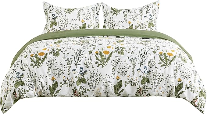Bedsure Duvet Cover Twin Size - 100% Cotton Reversible Floral Twin Duvet Cover Set with Zipper Closure, 2 Pieces Soft & Breathable Green Bedding Set with 1 Pillow Sham 20"x26"