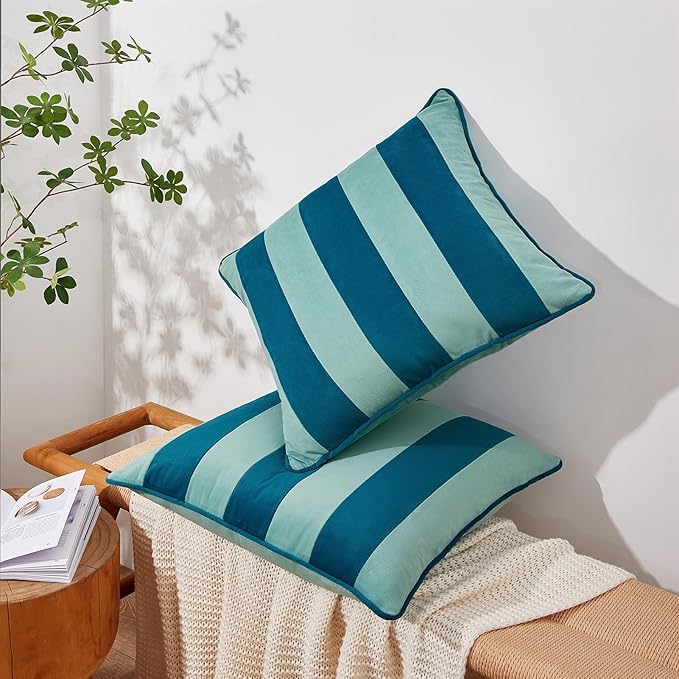 MONDAY MOOSE Decorative Throw Pillow Covers Cushion Cases, Set of 2 Soft Velvet Striped Piping Edge Designs, Pillow Inserts Not Included (16x16 inch, Blue/Light Blue)