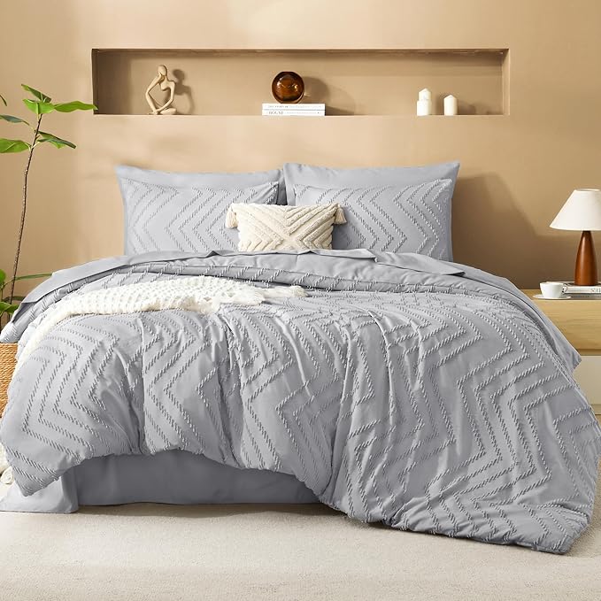 Litanika Oversized King Size Comforter Set with Sheets Light Grey - 7 Pieces Bed in a Bag Oversized King Boho Tufted Complete Bedding Sets with Comforter, Sheets, Pillowcases & Shams