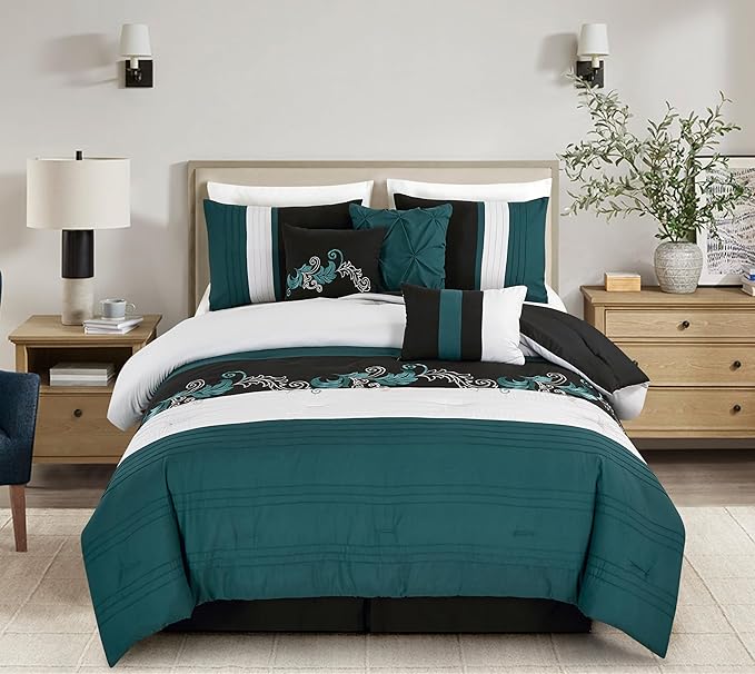 Chezmoi Collection Napa 7-Piece Luxury Leaves Scroll Embroidery Bedding Comforter Set (Full, Teal/Black/Gray)