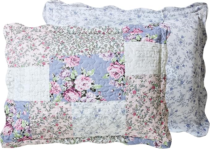 Brilliant Sunshine Roses Toile Quilt Set, 3-Piece Bedding Sets, Traditional Lively Patchwork Design, Washable and Reversible Bedspread, Soft Lightweight Coverlet, All-Season, Full/Queen, Blue Pink
