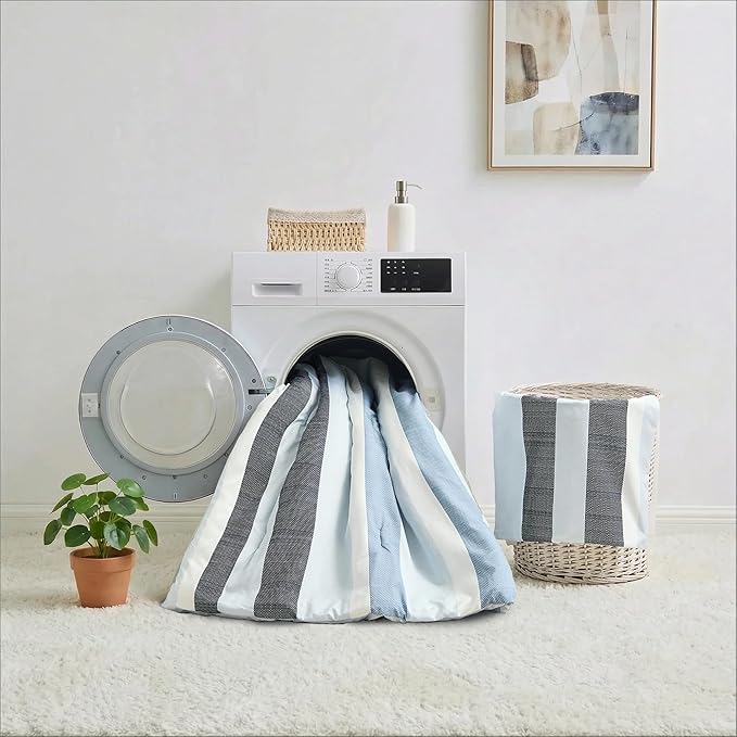 Twin Size Striped Comforter Set, Soft Microfiber Reversible Bedding Sets for All Season 5 Pieces Bed in A Bag Set with Comforter, Sheets, Pillowcase & Sham, Navy/Blue