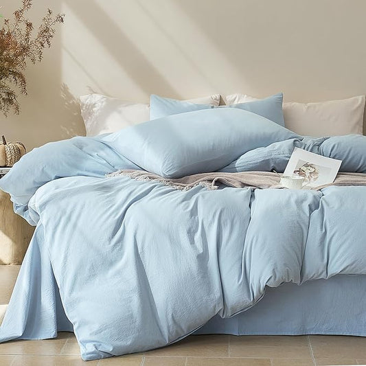 JELLYMONI Duvet Cover Queen Size - 100% Washed Cotton Comforter Cover with Linen-Like Texture, Breathable & Soft Bedding for Modern Home, Guest Room and Everyday Use,1 Duvet Cover & 2 Pillowcases