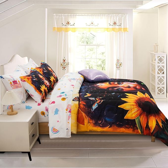 A Nice Night 6pcs Comforter Sets,Black Girl with Butterfly Flying Printed, Sunflower Flowering Shrubs Background Kids Bedding Set,Queen