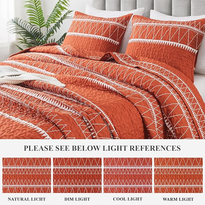 Andency Terracotta California King Quilt Set, 3 Pieces Boho Lightweight Soft Striped Cal King Bedspread for All Season (112"x104"), Printed Bohemian Microfiber Reversible Coverlet Comforter Sets