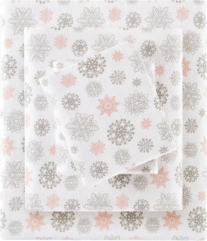 True North by Sleep Philosophy Cozy Flannel Warm 100% Cotton Sheet - Novelty Print Animals Stars Cute Ultra Soft Cold Weather Bedding Set, Queen, Pink/Grey Snowflakes 4 Piece