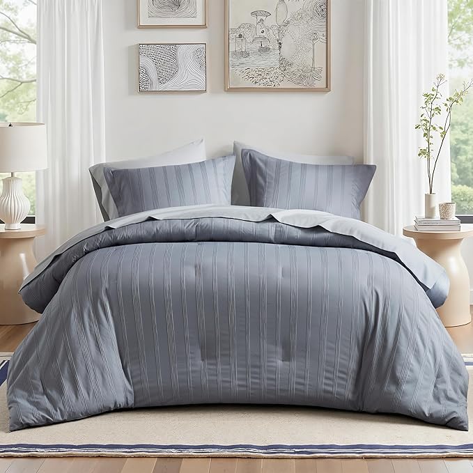 Madison Park Essentials Striped Comforter Set King, 7 Pieces Modern Minimalist Jacquard Bedding Set for All Season, Bed in A Bag with Sheet Set and Soft Brushed Reverse, Lightweight Blue/Grey