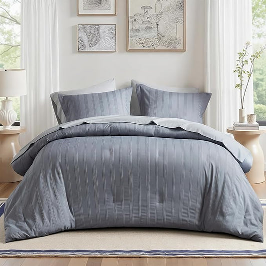 Madison Park Essentials Striped Comforter Set Full, 7 Pieces Modern Minimalist Jacquard Bedding Set for All Season, Bed in A Bag with Sheet Set and Soft Brushed Reverse, Lightweight Blue/Grey