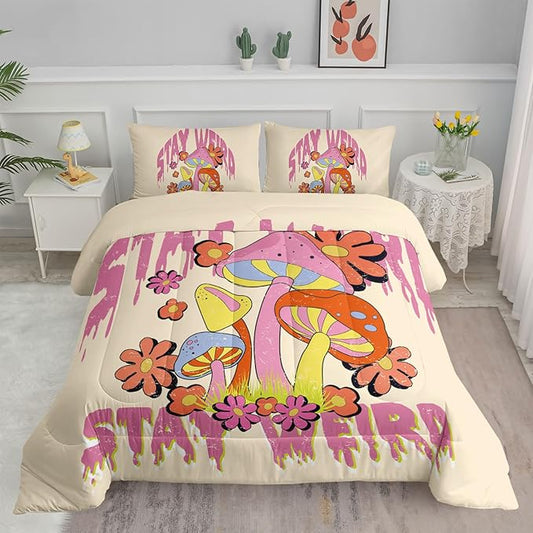 Axolotl Cartoon Mushroom Comforter Set Full,Colorful Mushrooms Bedding Girls Bedding Set,Floral Comforter Set Red Pink Flower,Cute Mushroom Bedding Set for Kids Boys Girls Teens,1 Quilt 2 Pillowcases