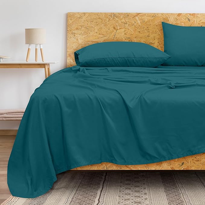 Royale Linens 300 Thread Count 100% Long Staple Combed Cotton Flat Sheet - Super Soft - Top Sheets - Queen Flat Sheet Sold Separately - Breathable, Cool & Crisp Percale Sheets Only (Queen, Teal)
