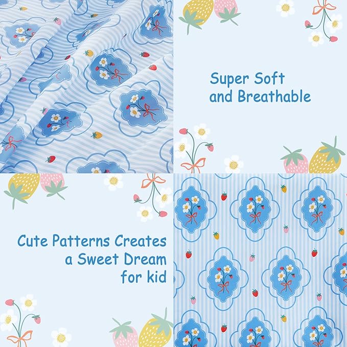 Kids Sheet Set Twin Size, Twin Sheet Set with Striped Flower Pattern，Breathable Silky Soft Microfiber Kids Fitted Sheet