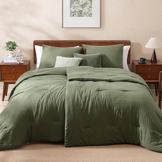 WRENSONGE Double Twin XL Comforter Set - 4 Pieces Prewashed Olive Green Bedding Set for All Seasons Soft Lightweight 2 Comforters (55" x 90") with 2 Pillow Shams