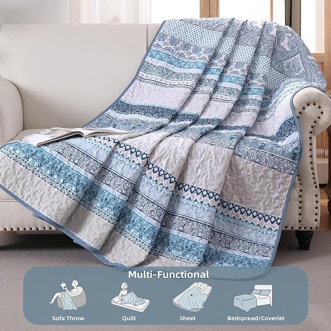 WONGS BEDDING Boho Quilt Set California King Size, Blue Bohemian 3 Pieces Quilt Sets, Lightweight Bedspread Coverlet Bedding Set for All Season (106"x96")