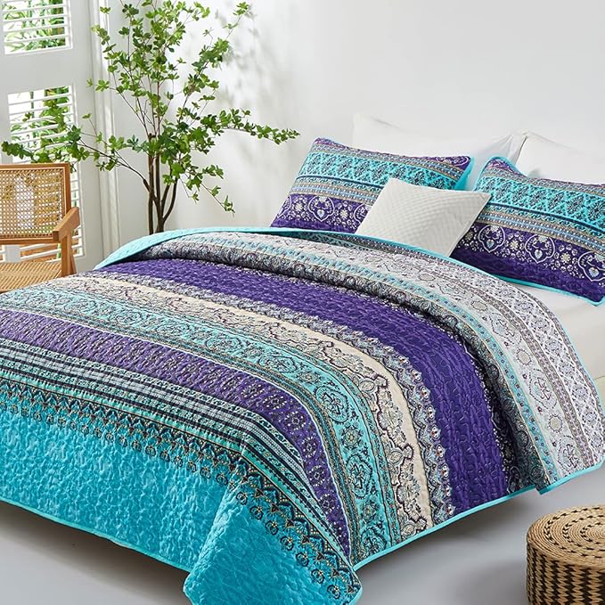 WONGS BEDDING Boho Quilt King Size, Blue Purple Bohemian King Quilt, Lightweight Microfiber Bed Decor Bedspread for All Season 103"x90"(3 Pieces)