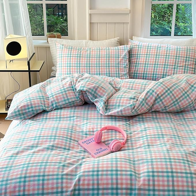 LifeTB Gingham Comforter Set Full Size Colorful Plaid Checkered Pattern Comforter Geometric Grid Plaid Printed Bedding Comforter Set with 2 Pillowcases Luxury Soft Fluffy Gingham Bedding Set Full