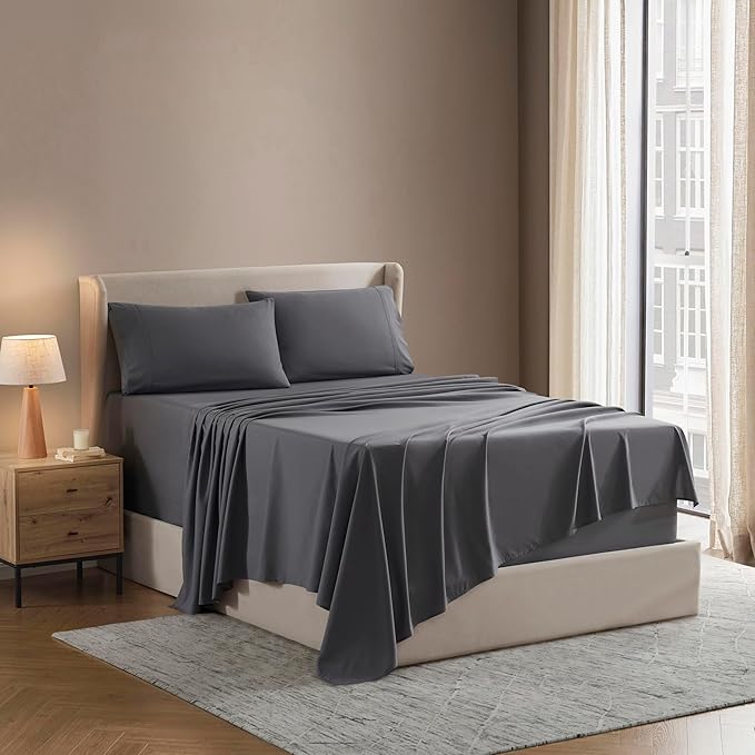 Nestl Split King Sheet Set - 1800 Ultra-Soft Microfiber Bed Sheets - Double Brushed - Deep Pockets - Easy Fit - 5 Piece Set - Bed Sheets & Pillowcases (Split King Size, Dark Grey)