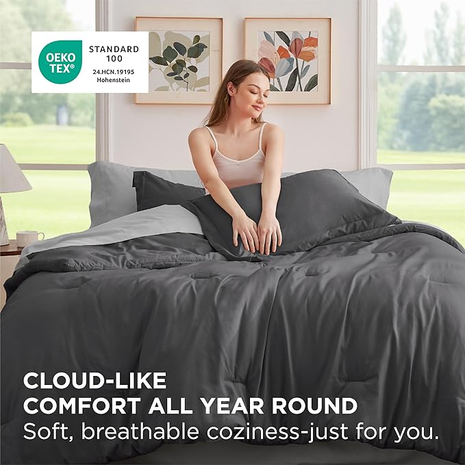 Bedsure California King Comforter Set - 7 Pieces Dark Grey California King Bedding Set for All Seasons, Boho Contrasting Design Bed in a Bag with Comforter, Sheets, Pillowcases & Shams