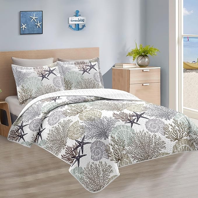 Tritard 3 Piece Coastal Quilt Sets King Size - Reversible Microfiber Quilts with 2 Shams Soft Lightweight Beach Bedding Nautical Bedspread Coverlet Summer Comforter Set for All Season, 106''x96'', C2