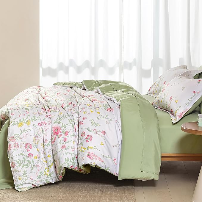 Yiran 7 Piece Pink Green Floral Comforter Set Queen Size, Cute Botanical Comforters Cottagecore Flower Bed in a Bag Soft Complete Farmhouse Bedding Set with Sheets for All Season