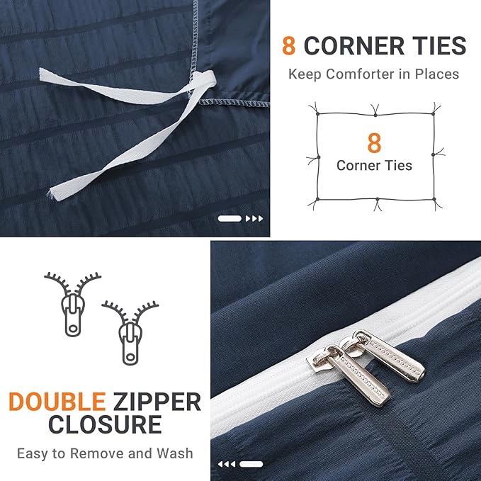 HYMOKEGE Navy Blue Duvet Cover King Size, Ultra Soft 3-Piece Seersucker Duvet Cover Set with Zipper Closure, Soft Brushed Microfiber Bedding Set with 8 Corner Ties (104"x90", 2 Pillowshams)