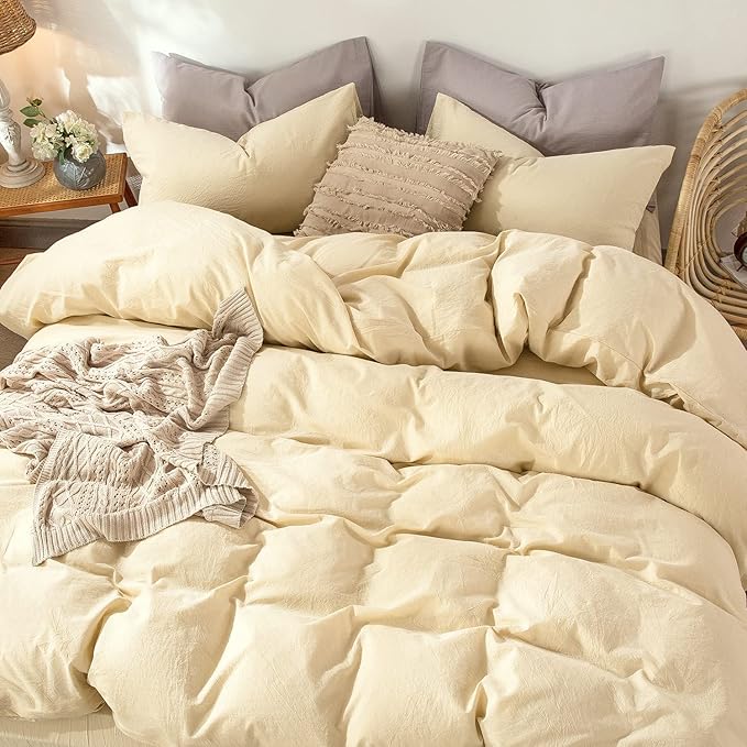 MooMee Bedding Duvet Cover Set 100% Washed Cotton Linen Like Textured Breathable Durable Soft Comfy (Heathered Light Yellow, Queen 90"x90")