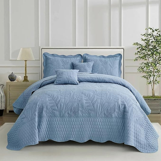 Botanical Oversized Bedspread Queen Size - Leaves Pattern Stitching Quilt Set - Elegant & Fresh Style Bedding Coverlets, Reversible, Lightweight, 5 Piece, Ashley Blue