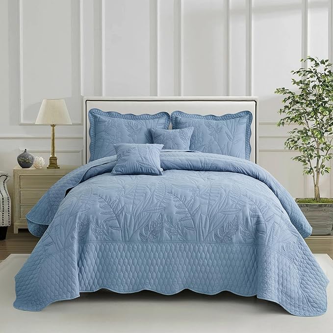 Botanical Oversized Bedspread King Size - Leaves Pattern Stitching Quilt Set - Elegant & Fresh Style Bedding Coverlets, Reversible, Lightweight, 5 Piece, Ashley Blue