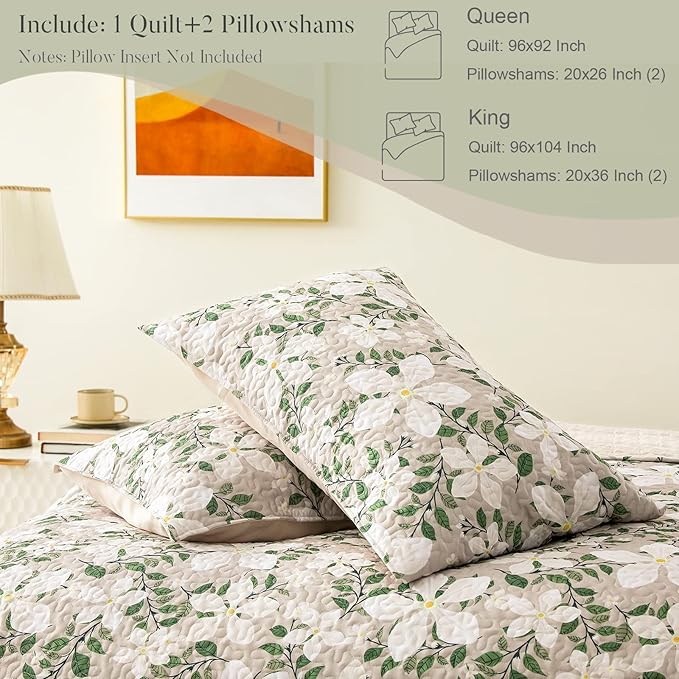 Whale Flotilla Reversible Printed Quilt King Size, Extra Soft Boho Floral Leaf Bedspreads for Bed Lightweight King Quilt Bedding Set Coverlets with 2 Pillow Shams for All Seasons, White Bone
