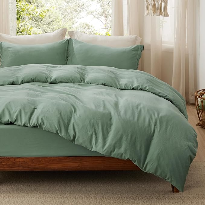 Bedsure Duvet Cover Full Size with Fitted Sheet - 4 Pieces Prewashed Cotton-Like Polyester Extra Soft Bedding Set, Includes 1 Duvet Cover 80x90 Inches, 2 Pillow Shams, 1 Fitted Sheet, Sage Green