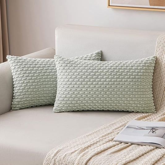 MIULEE Pack of 2 Decorative Lumbar Throw Pillow Covers 12x20 Inch Soft Boho Striped Textured Corduroy Pillow Covers Modern Farmhouse Home Decor for Couch Bed Sofa Living Room Light Green
